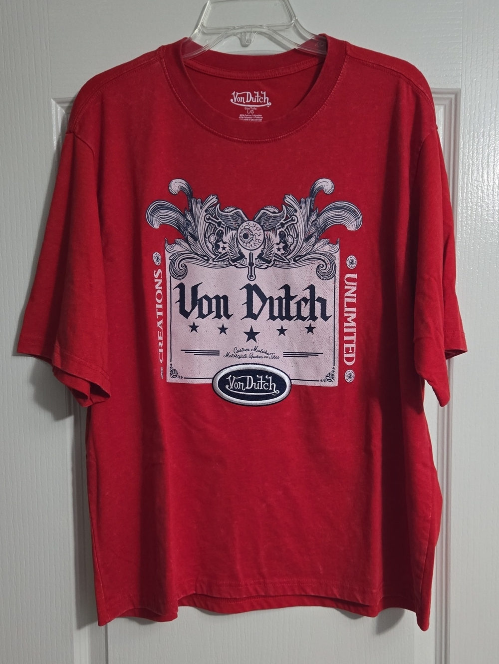 Von Dutch Red Tee with Navy and White Crest Graphic